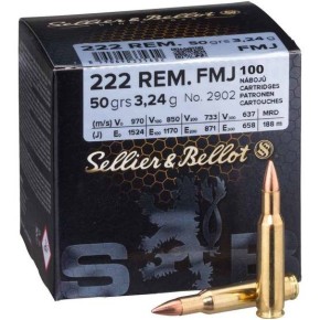 Munitions Sellier & Bellot Calibre 222 REM FMJ 50 grains par 100