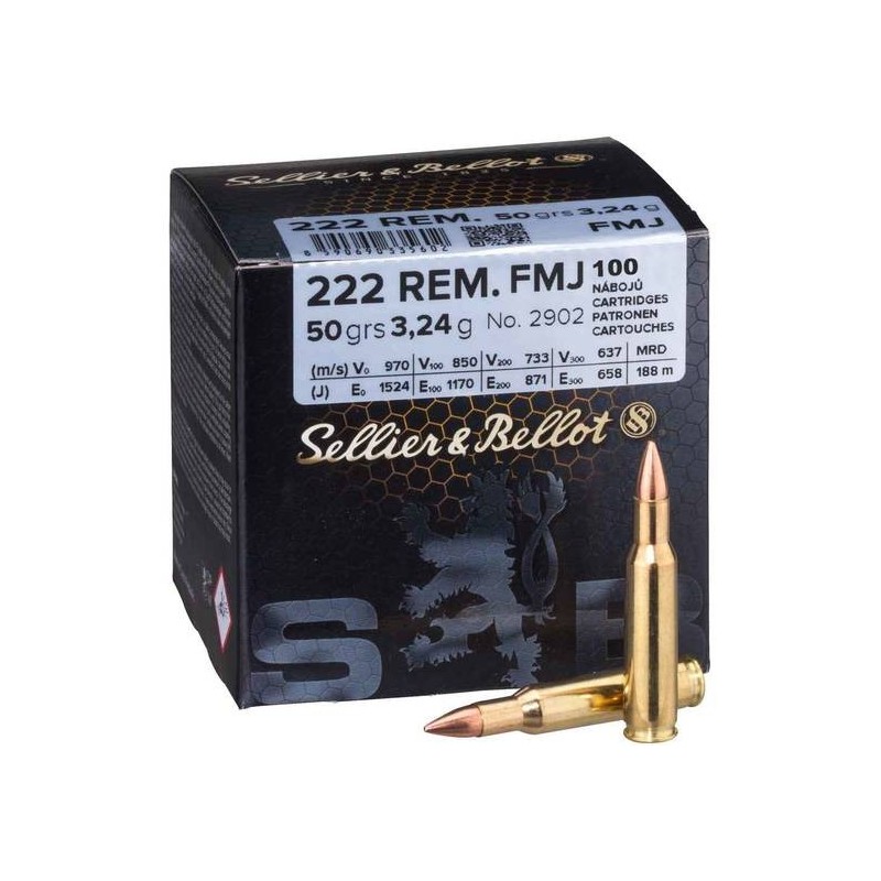 Munitions Sellier & Bellot Calibre 222 REM FMJ 50 grains par 100
