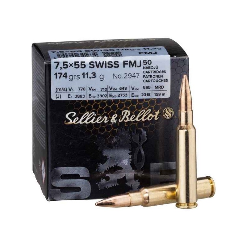 Munitions Sellier & Bellot Calibre 7,5X55 Swiss 174 grains par 50