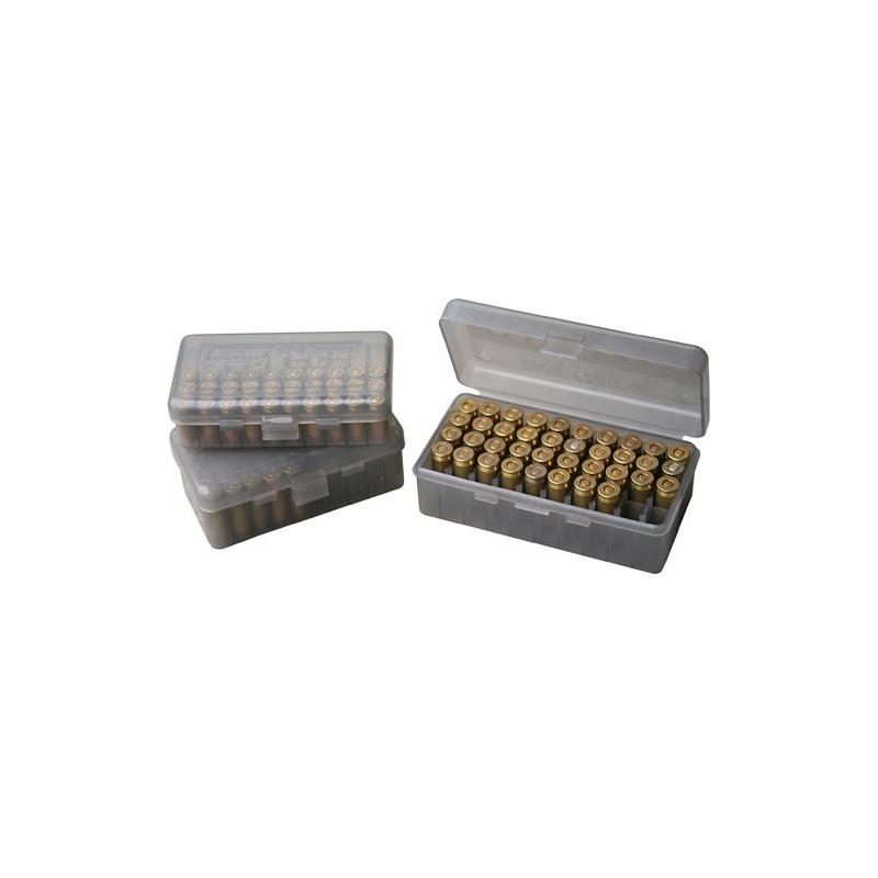 Boîte de rangement MTM translucide pour 50 munitions 9mm / 380 ACP